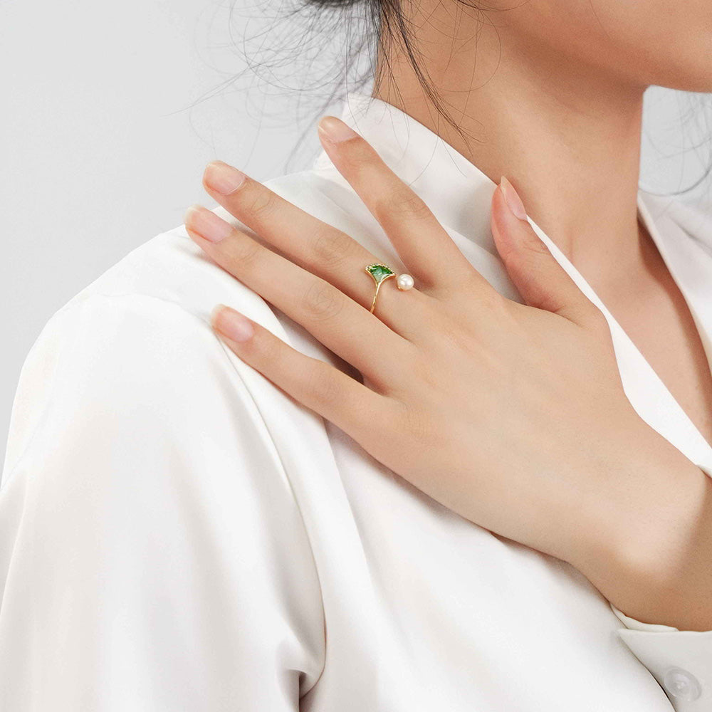 Jadeite Green Gradient Ginkgo Leaf Pearl Ring