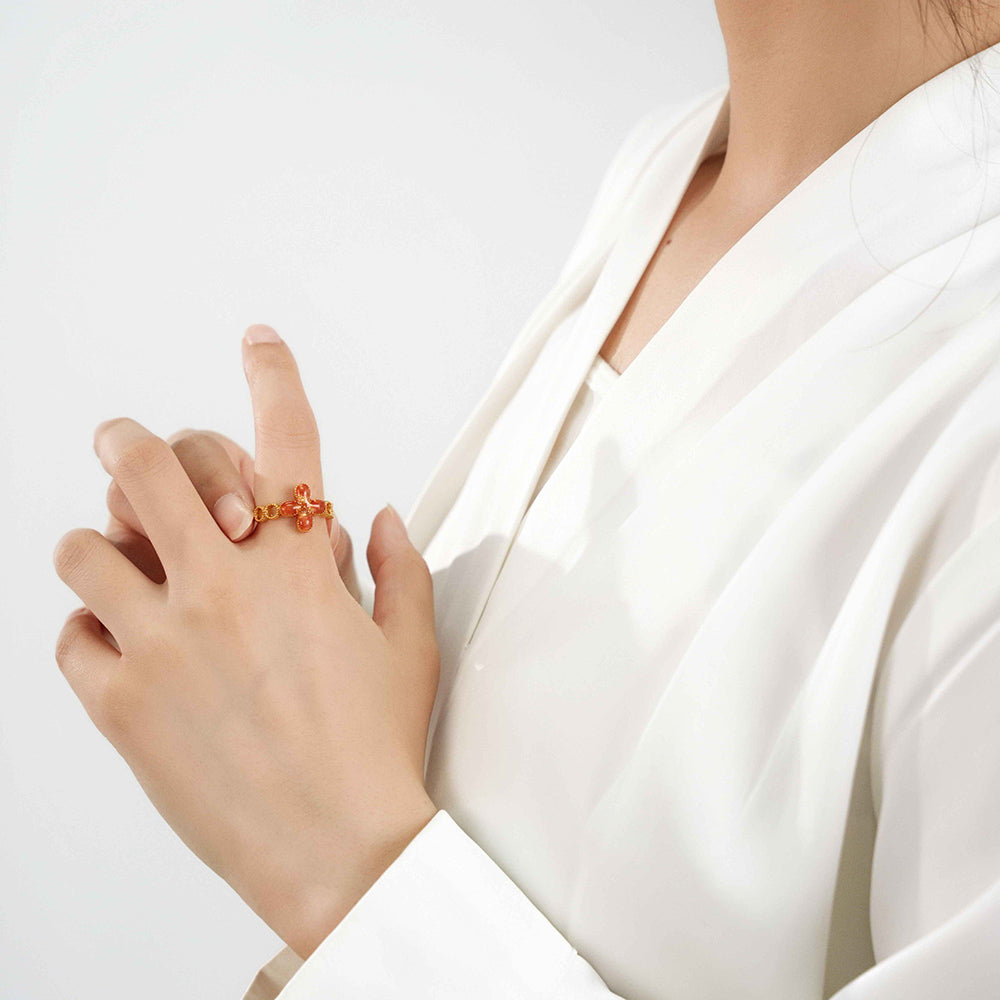 Prosperous Red Four-Leaf Clover Ring