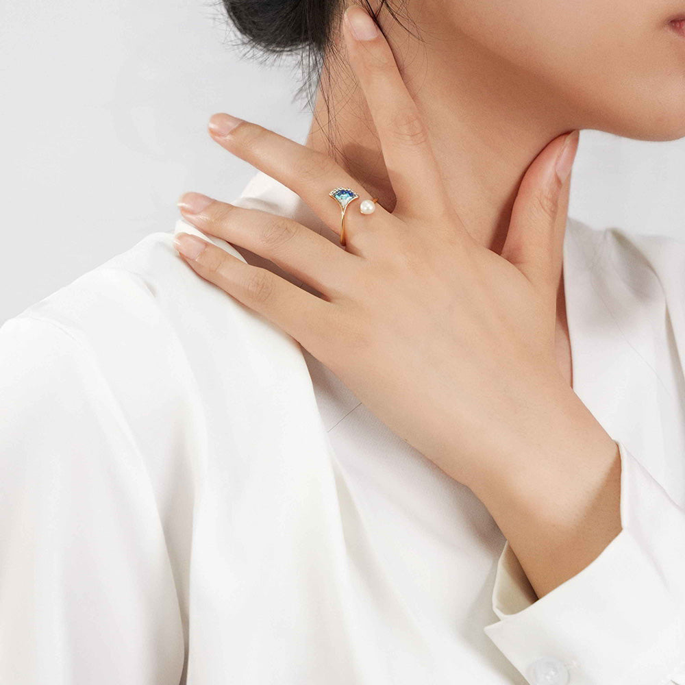 Ring – Ginkgo Leaf & Pearl, Blue-and-White