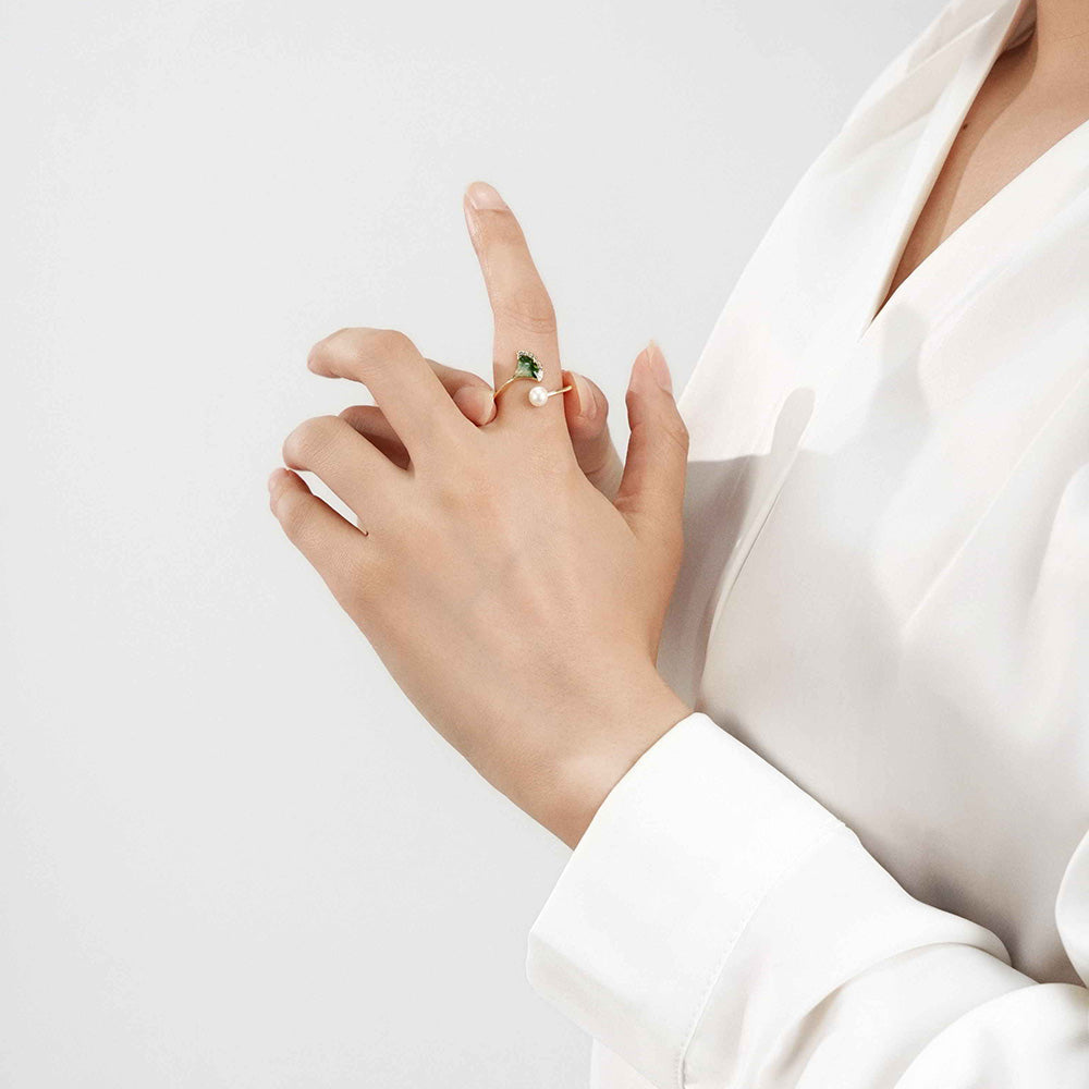 Jadeite Green Gradient Ginkgo Leaf Pearl Ring