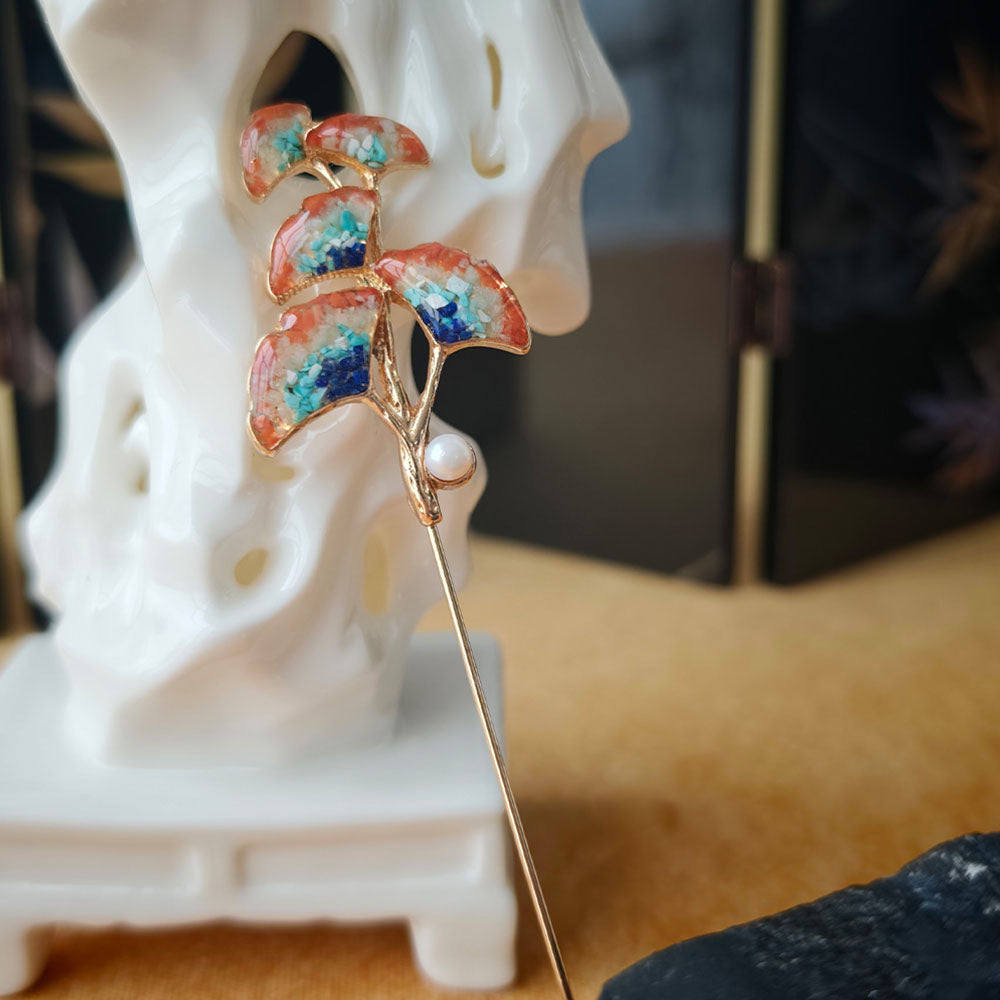 Dunhuang-Colored Pearl Ginkgo Leaf Brooch
