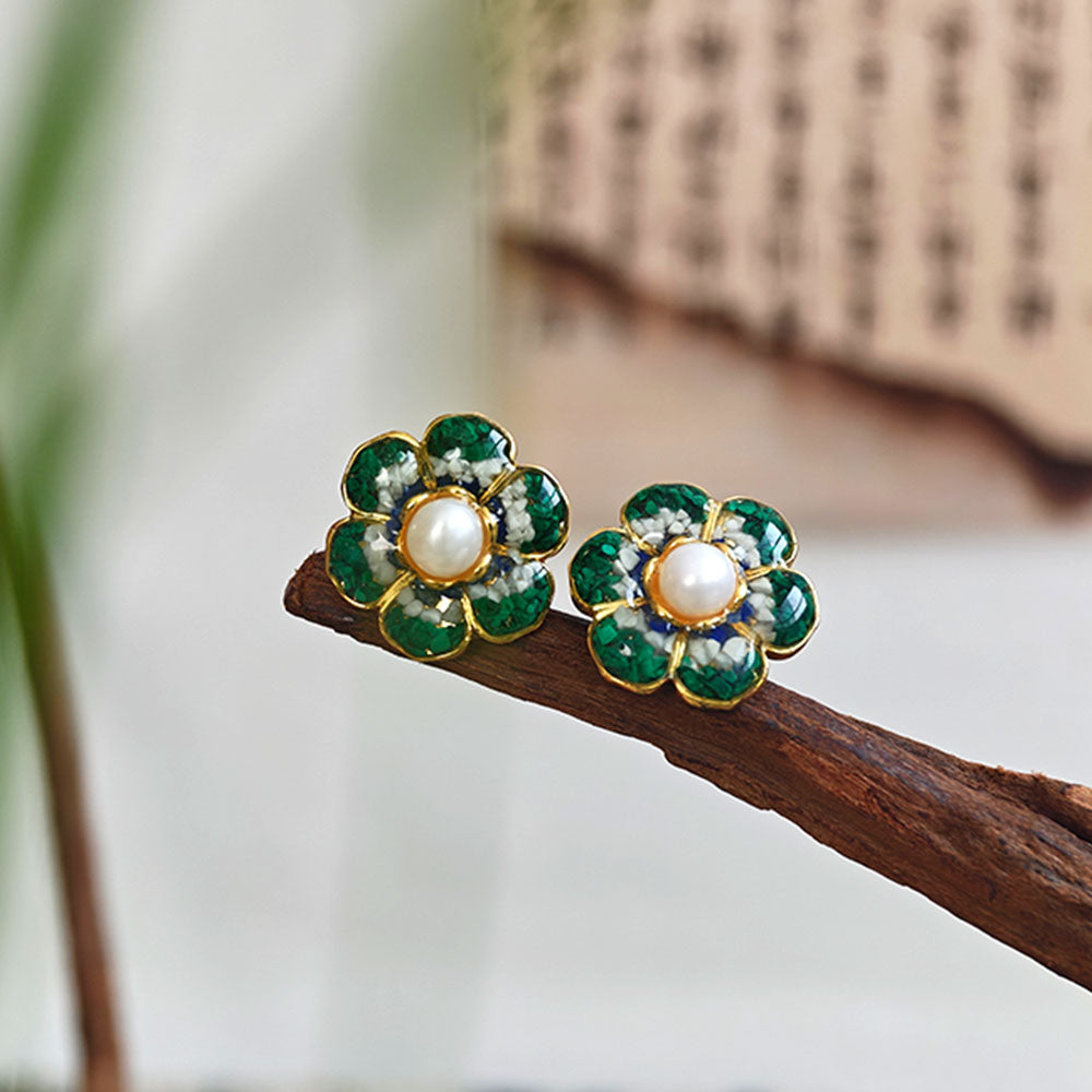 Jade Green Baoxiang Flower Stud Earrings