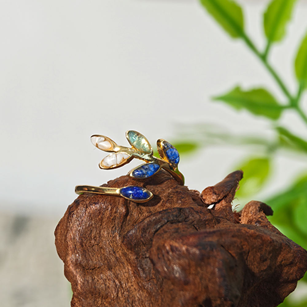Adjustable Ring – Olive Branch, Blue-and-White