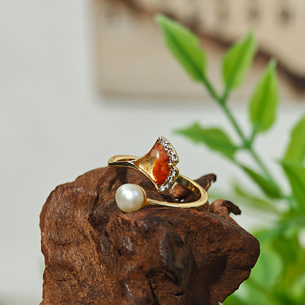 Prosperous Red Ginkgo Leaf Pearl Ring
