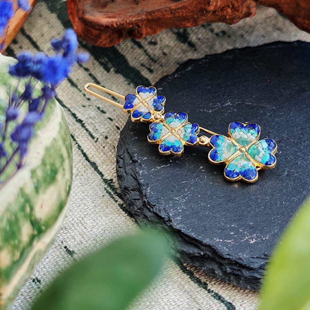 Cyan Lapis Four-Leaf Clover Hairclip