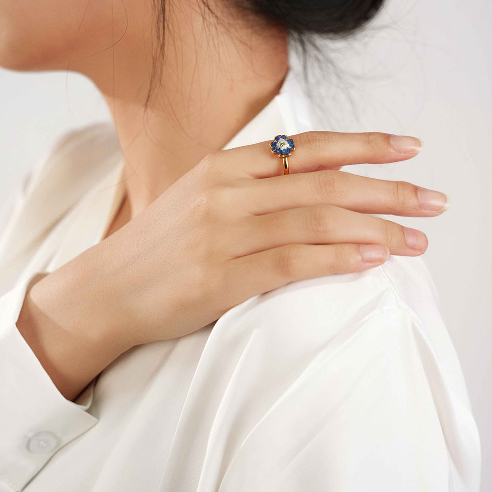 Blue & White Four-Leaf Clover Adjustable Ring