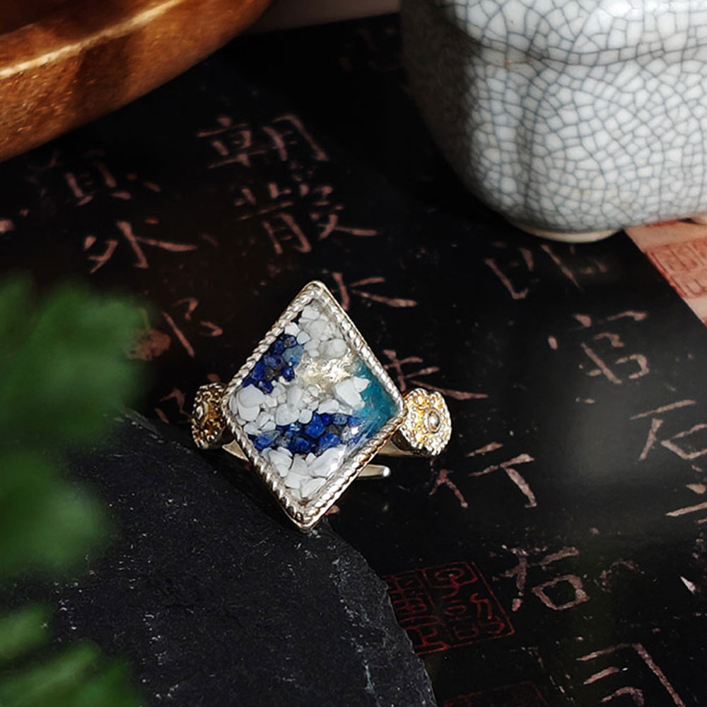 Blue & White Diamond-Shaped Adjustable Ring