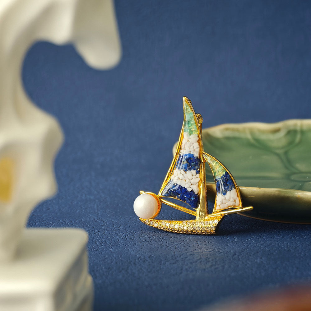 Brooch – Sailboat, Blue & White Style