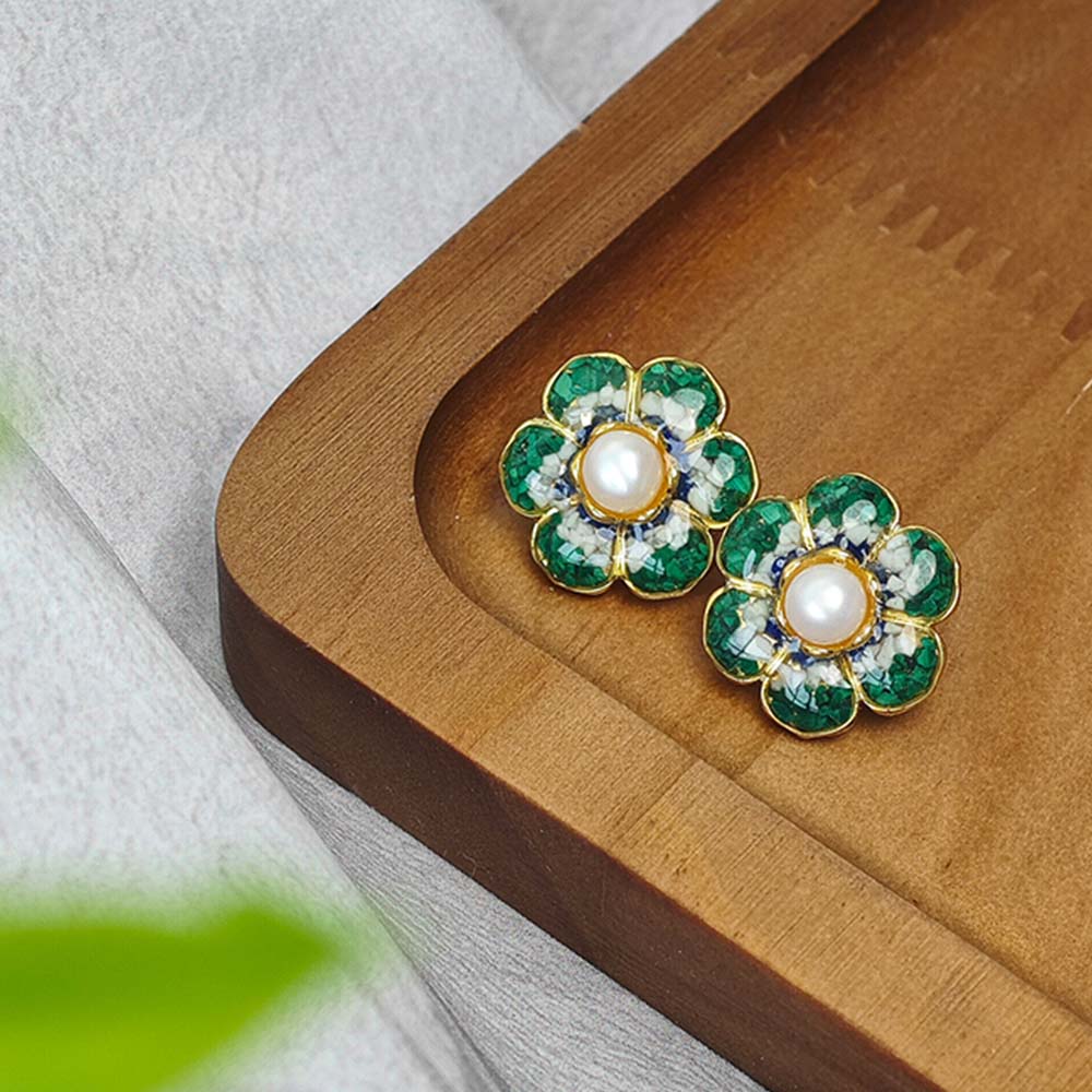 Jade Green Baoxiang Flower Stud Earrings