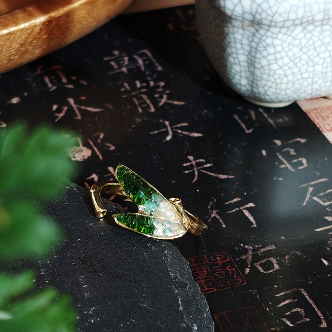 Jade Green Gradient Bamboo Leaf Ring – B Style