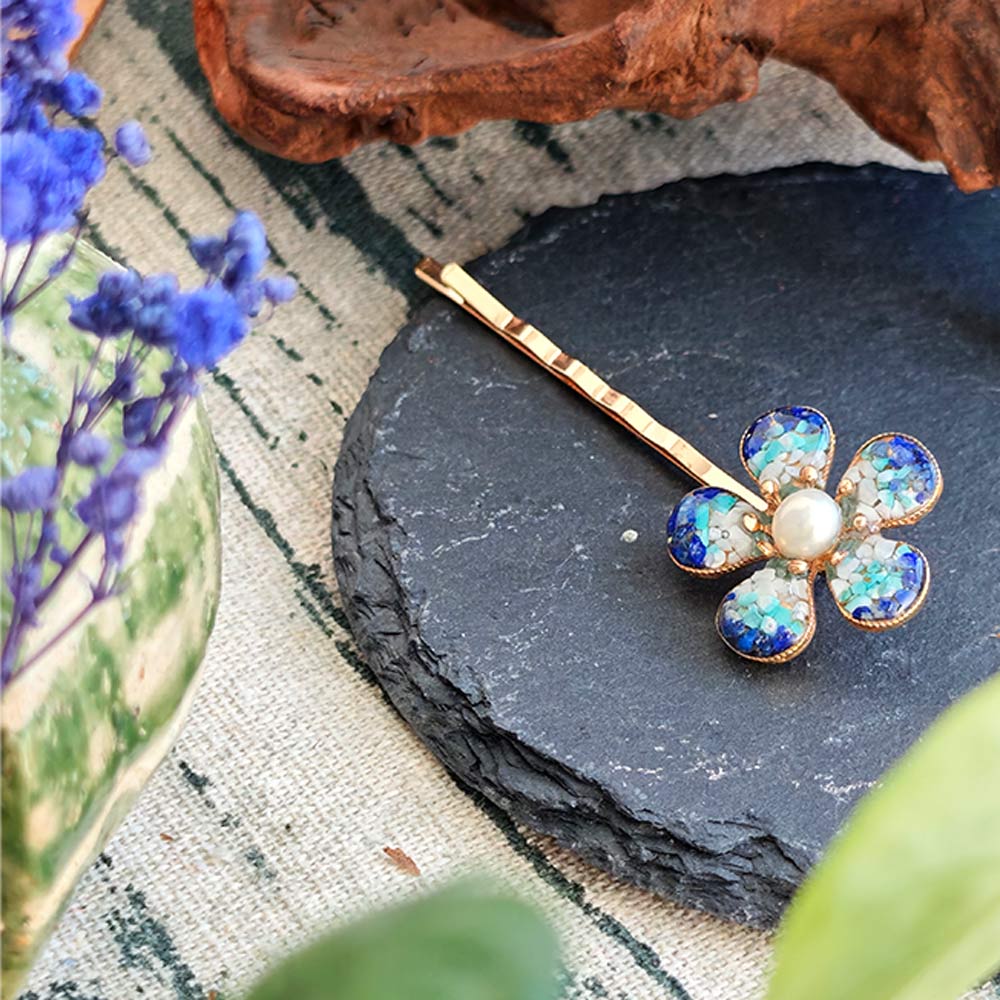 Lapis Lazuli Plum Blossom Shaped Hair Clip, Blue and White Style