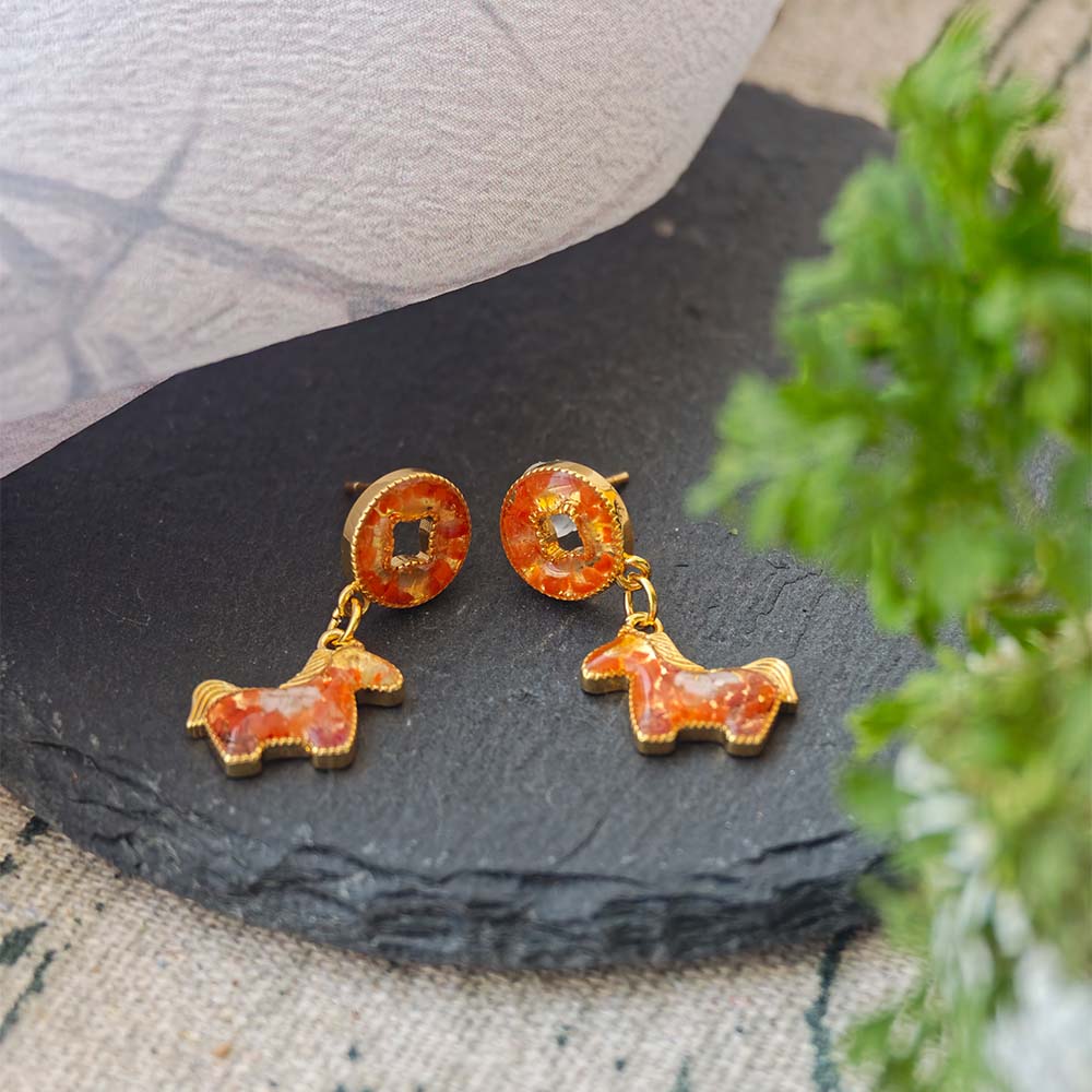 Earrings, “Prosperity Red” Coin Horse Design