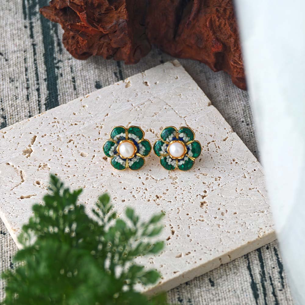 Jade Green Baoxiang Flower Stud Earrings