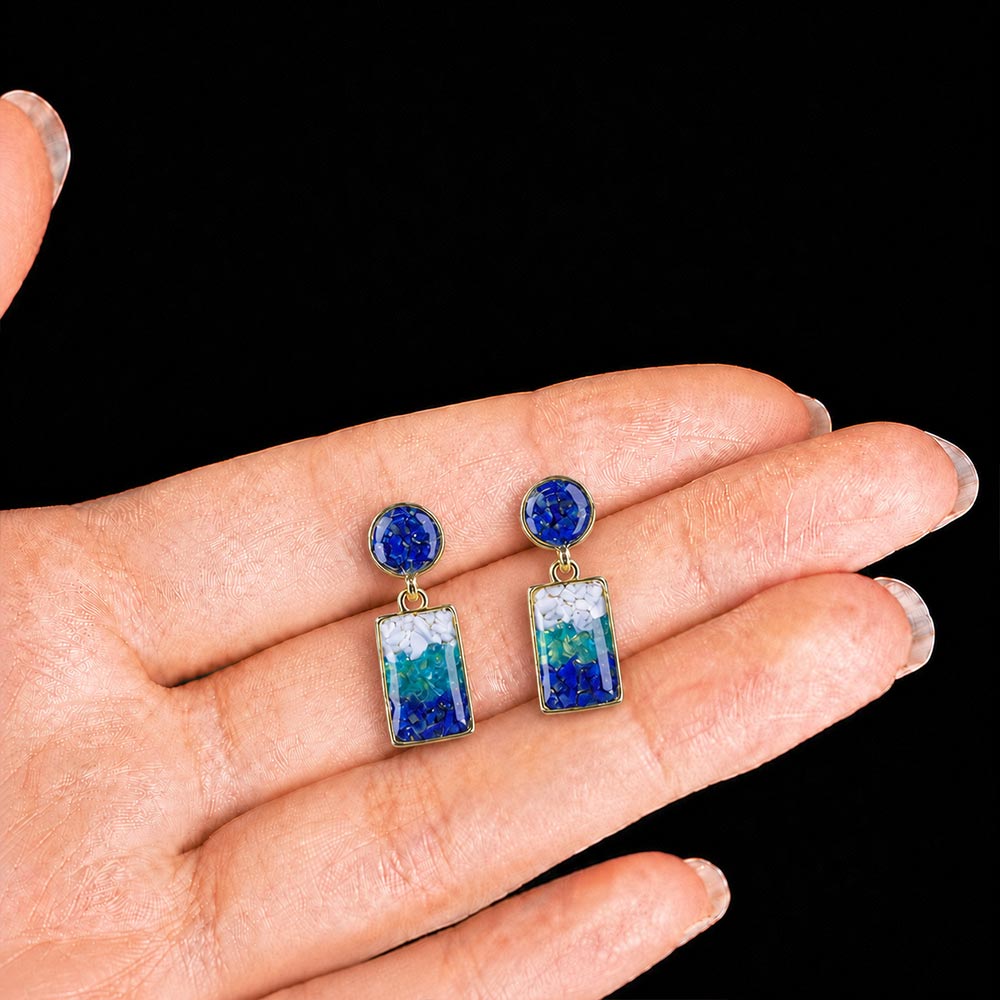Earrings – Blue & White Round Square