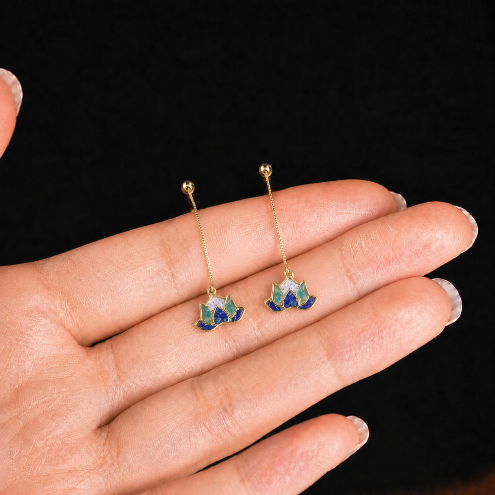 Long Earrings, Lotus Blue & White Porcelain Style