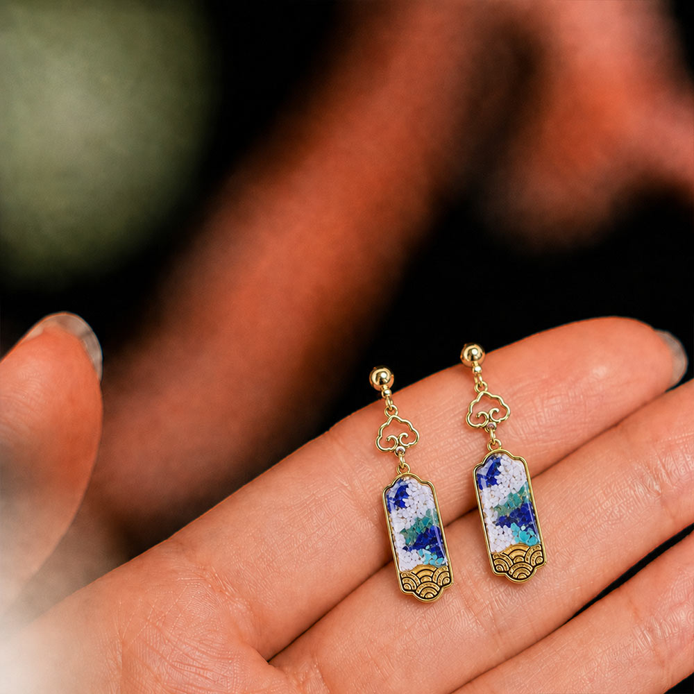 Blue-and-White Nameplate Hook Earrings