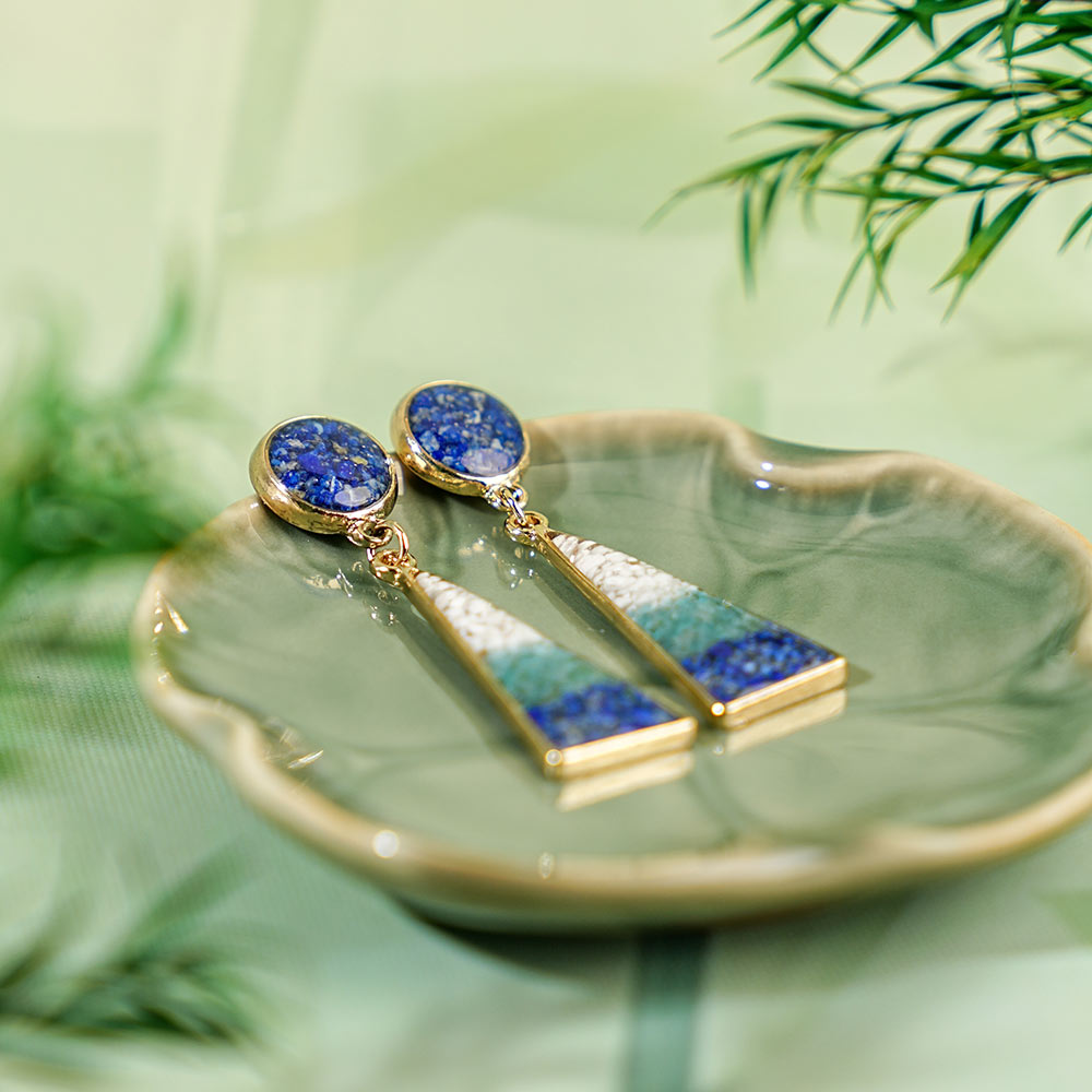 Geometric Earrings, Blue-White Round Triangle