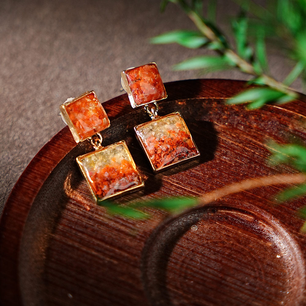 Handmade Natural Crushed stone Square Drop Earrings