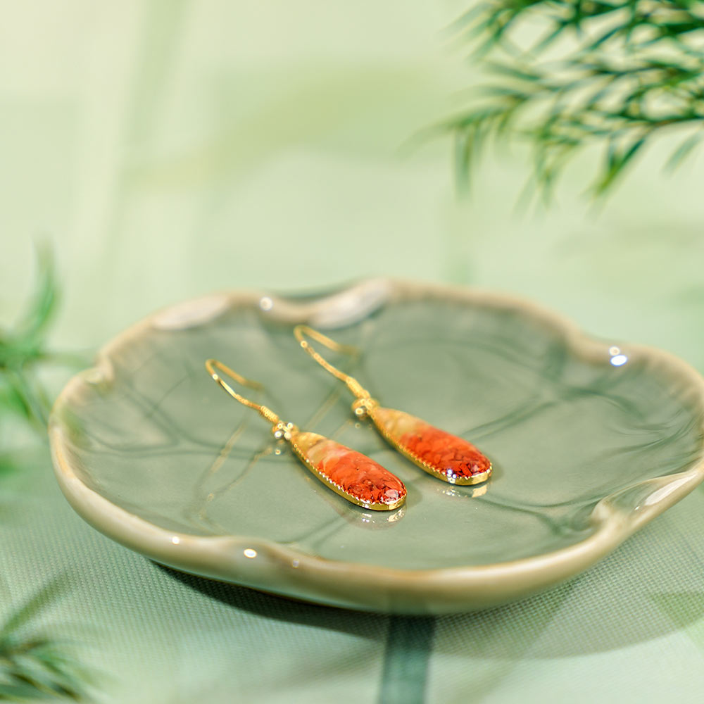 Hand-Layered Crushed Stone Teardrop Earrings with Gold-Tone Hooks