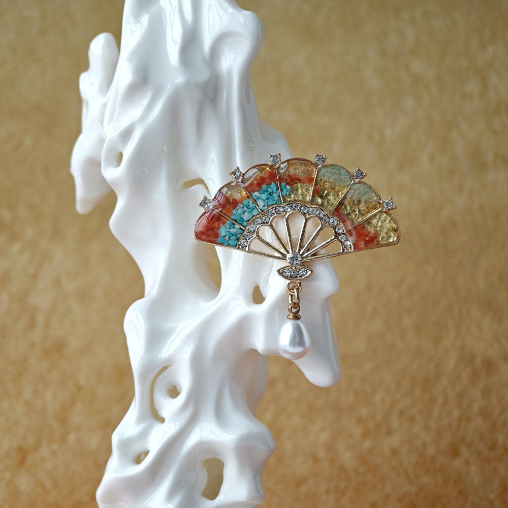 Dunhuang Fan Brooch with Pearl