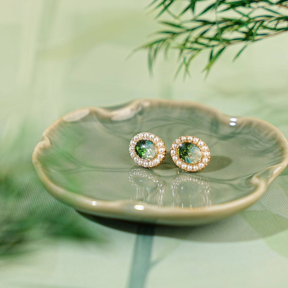 Pearl Oval Stud Earrings, Emerald Green Series