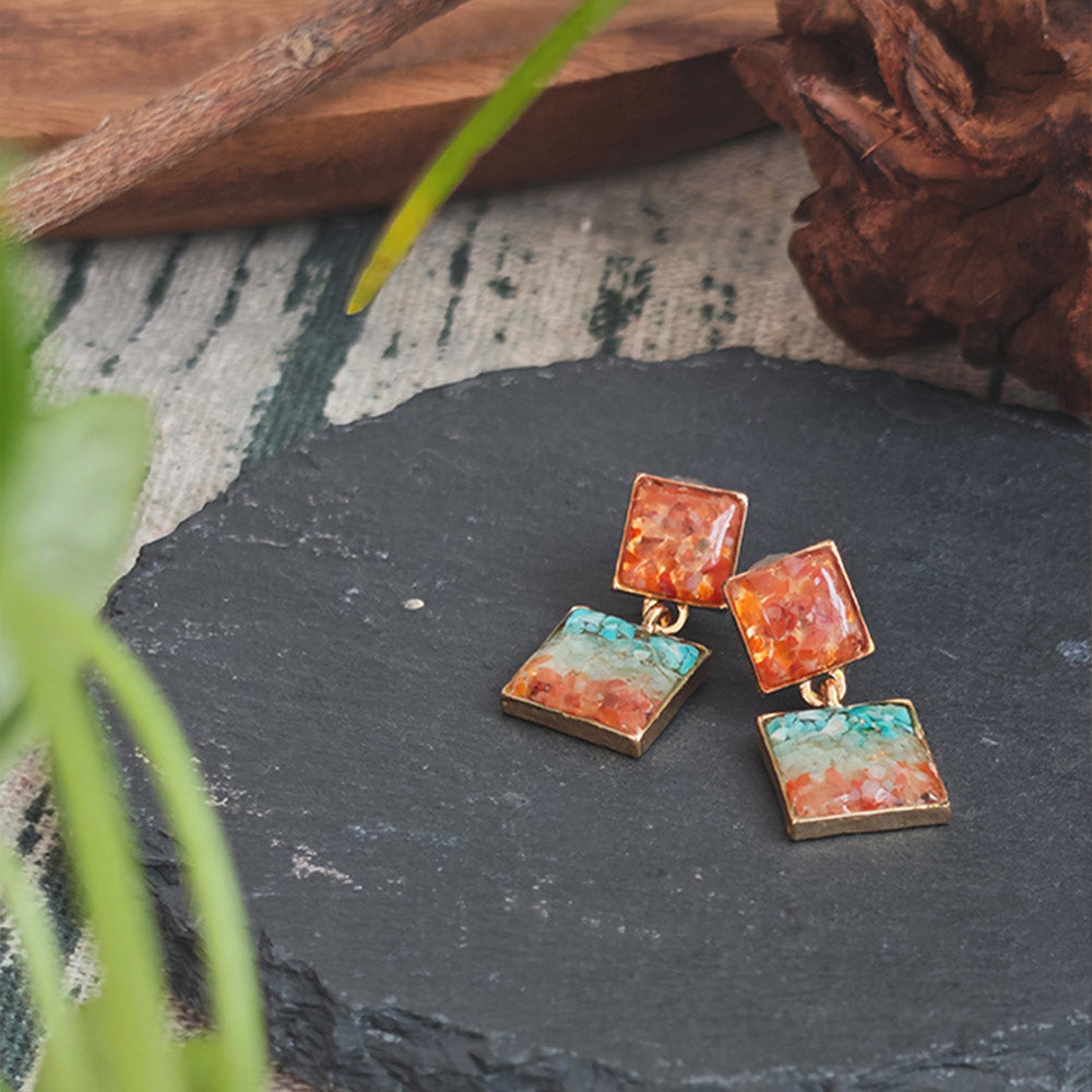 Handmade Natural Crushed stone Square Drop Earrings
