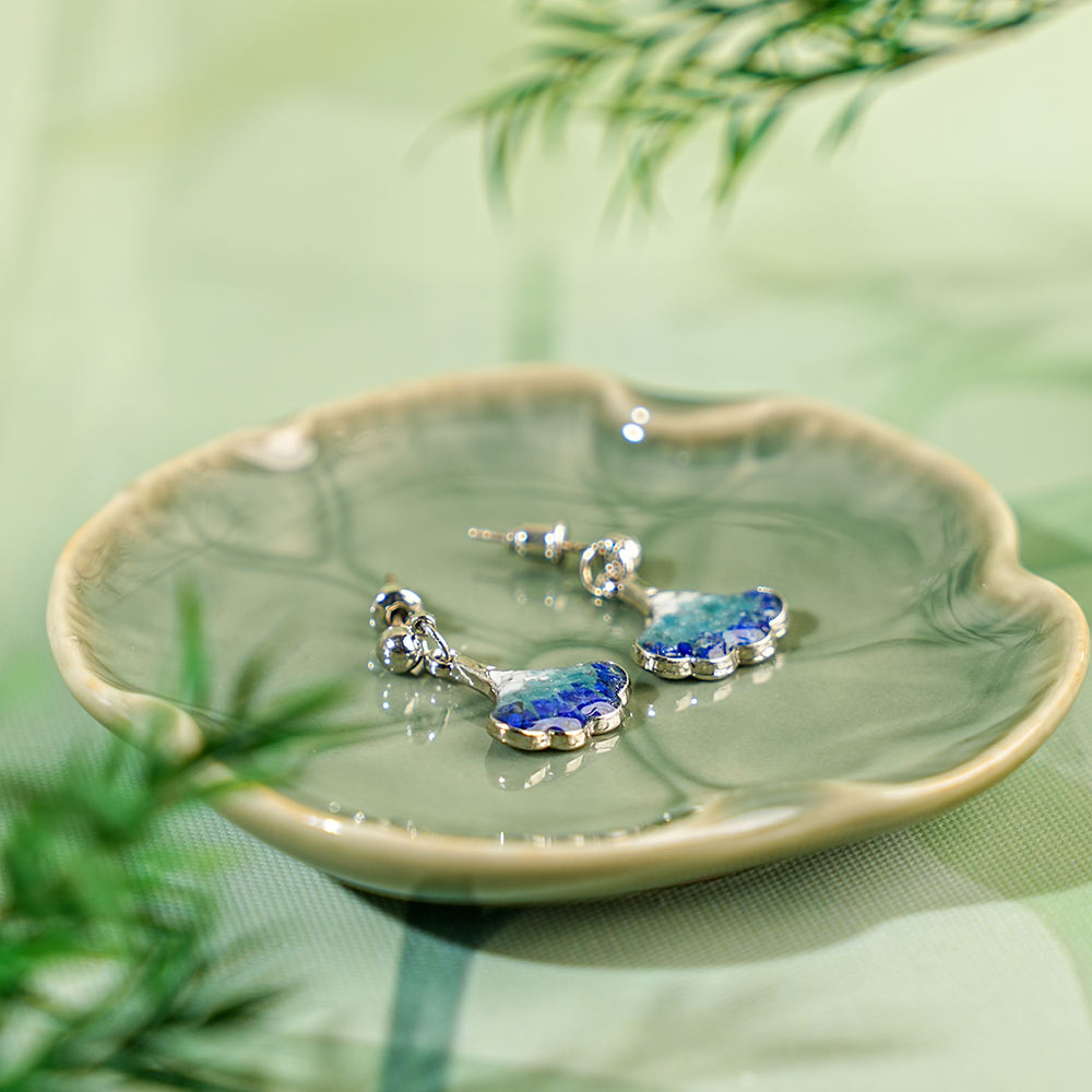 Silver Blue & White Ginkgo Stud Earrings