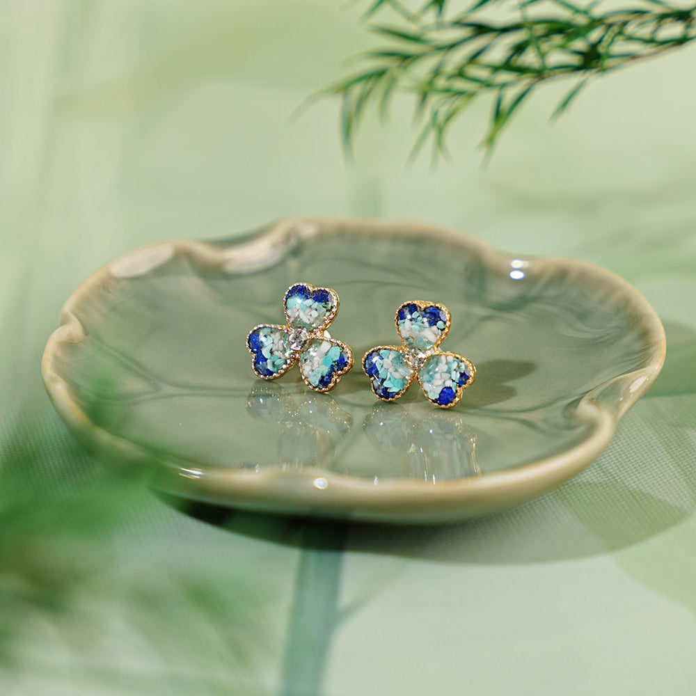 Blue & White Three-Leaf Clover Stud Earrings