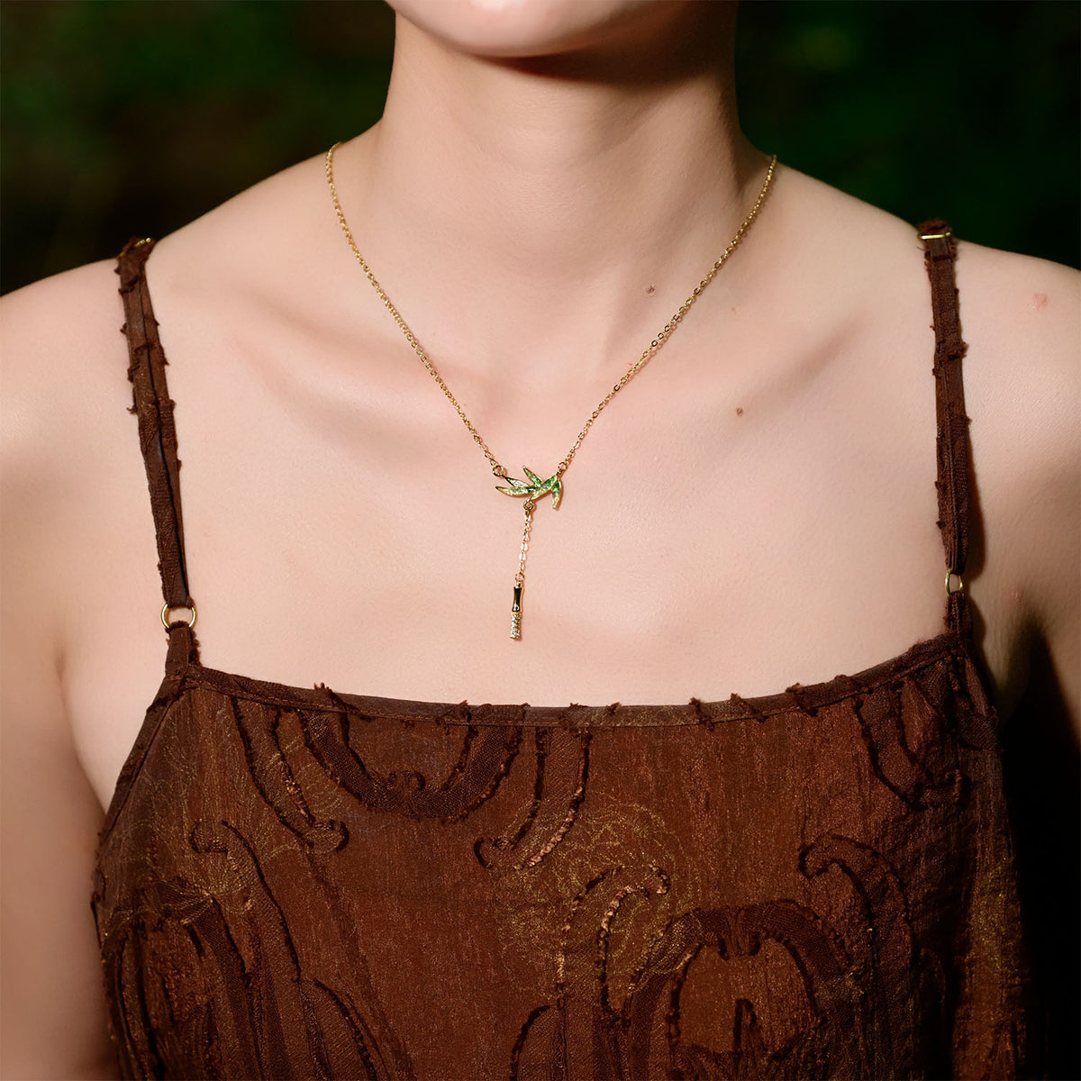 Jadeite Bamboo Leaf Necklace with Colored Stone Inlay