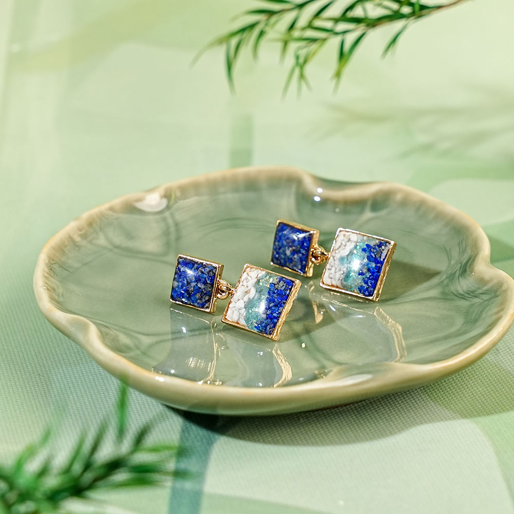Handmade Natural Crushed stone Square Drop Earrings