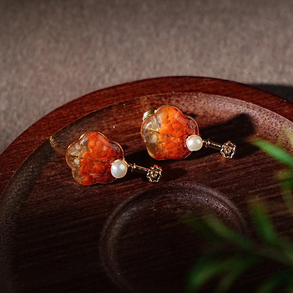 Earrings, Prosperity Red Folding Fan