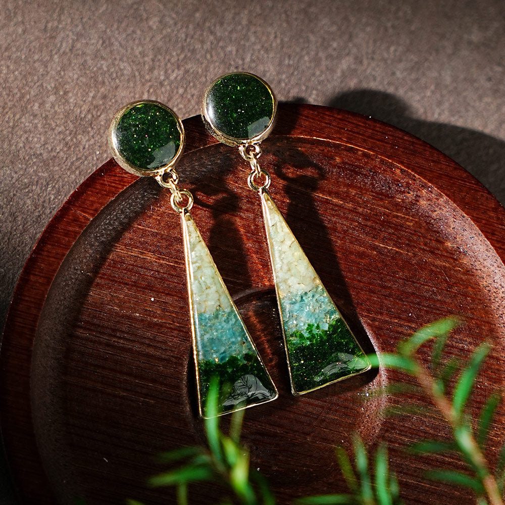 Geometric Earrings, Emerald Green Round Triangle