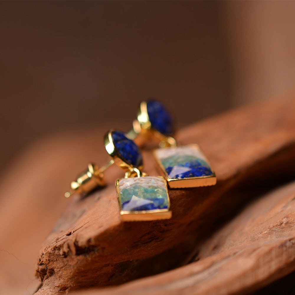 Earrings – Blue & White Round Square