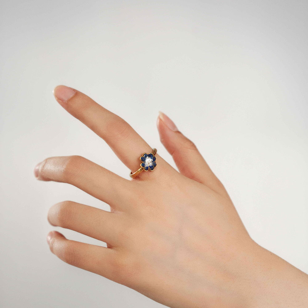 Blue & White Four-Leaf Clover Adjustable Ring