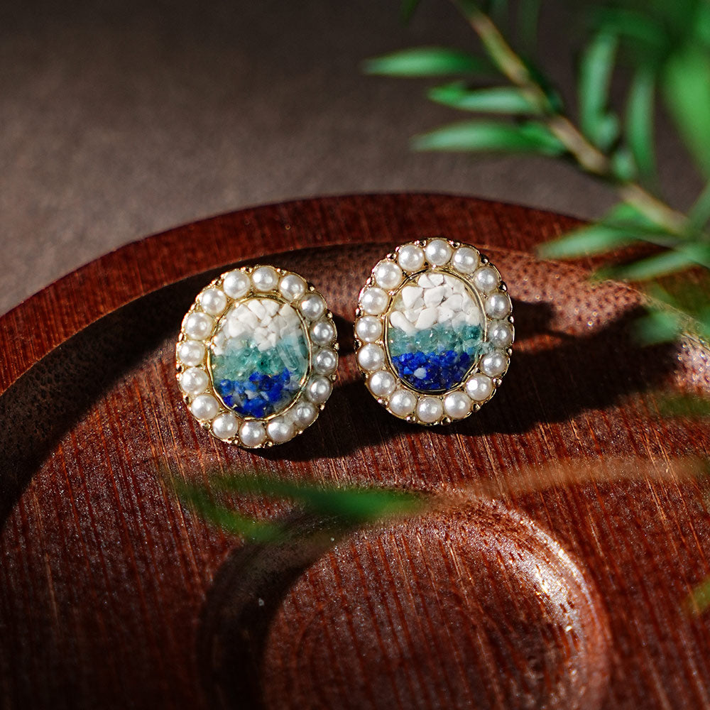 Oval Pearl Earrings, Blue-White Gradient