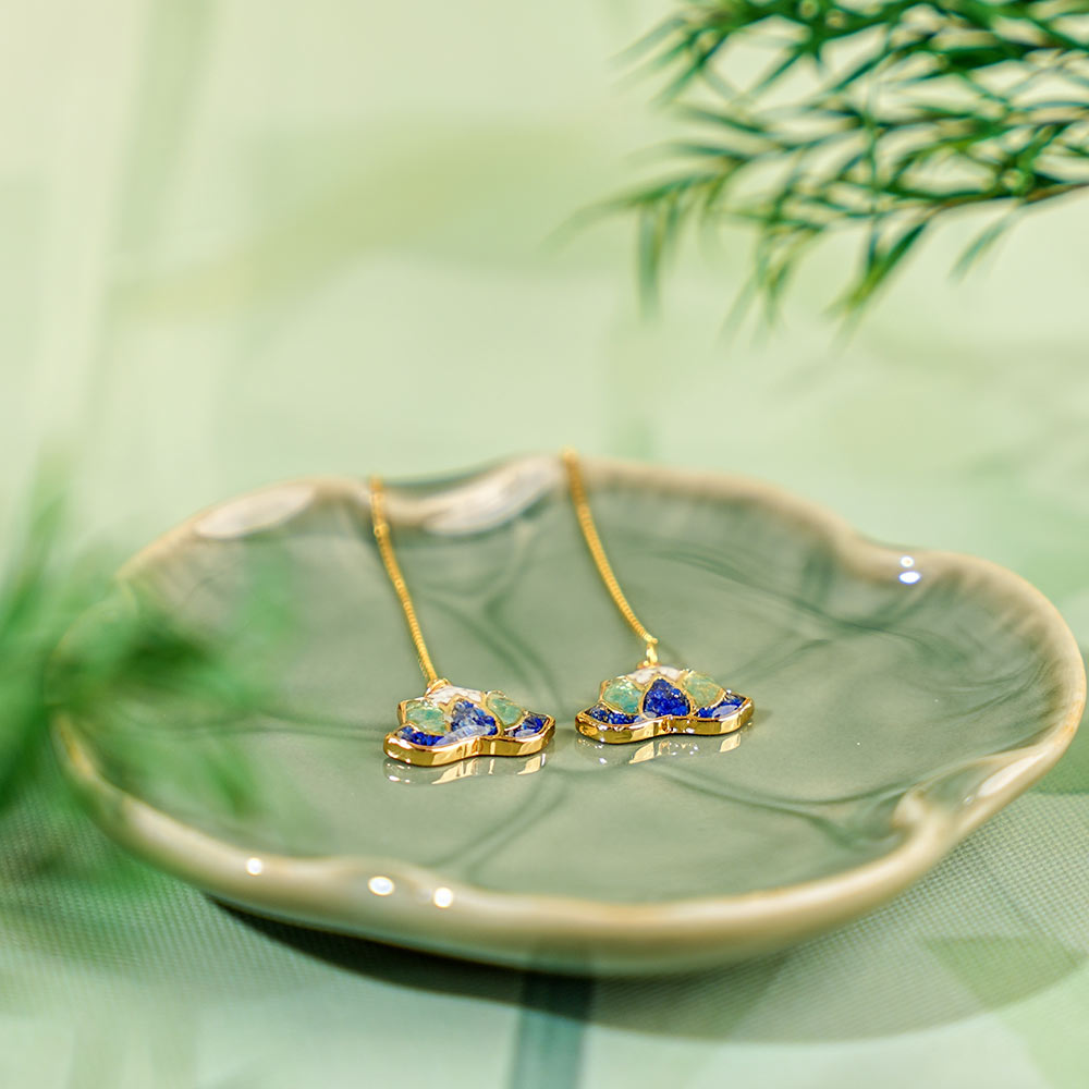 Long Earrings, Lotus Blue & White Porcelain Style