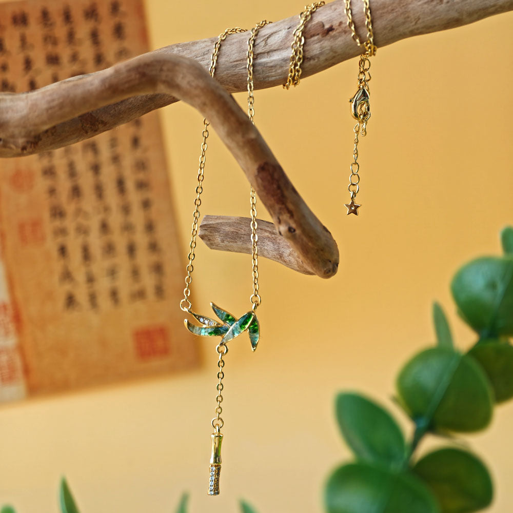 Jadeite Bamboo Leaf Necklace with Colored Stone Inlay