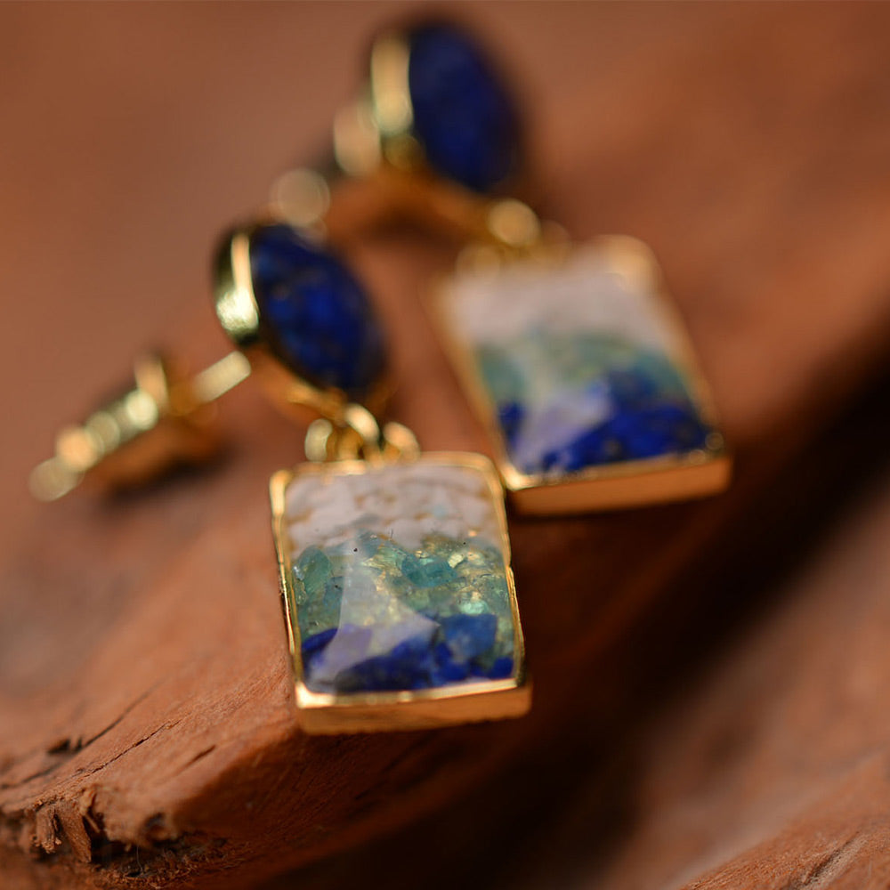 Earrings – Blue & White Round Square