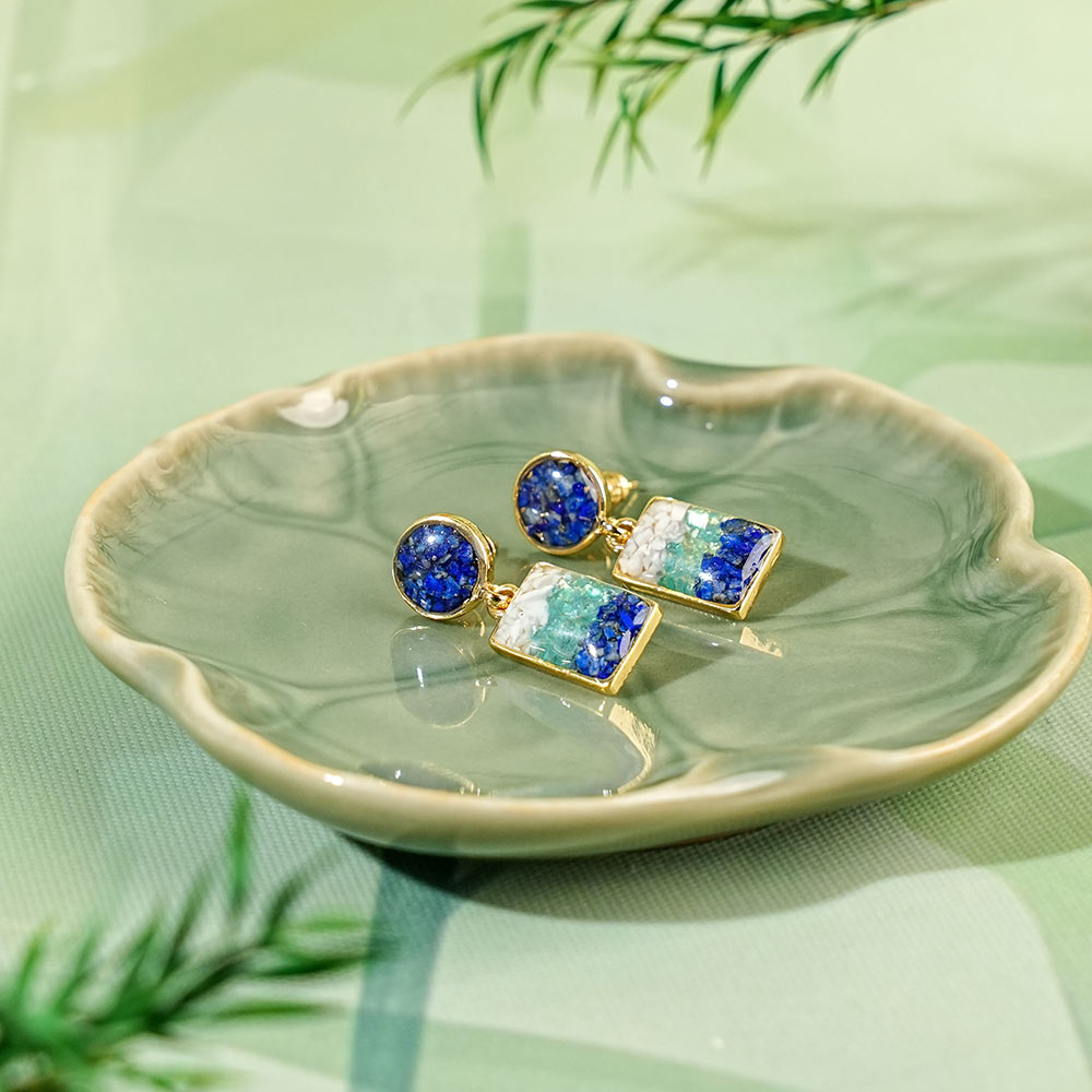 Earrings – Blue & White Round Square