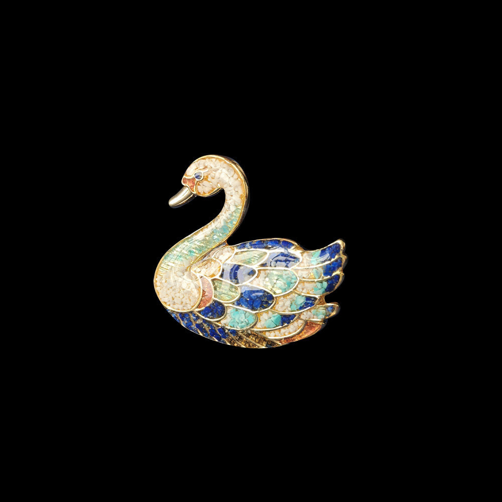 Blue-and-White Swan Brooch