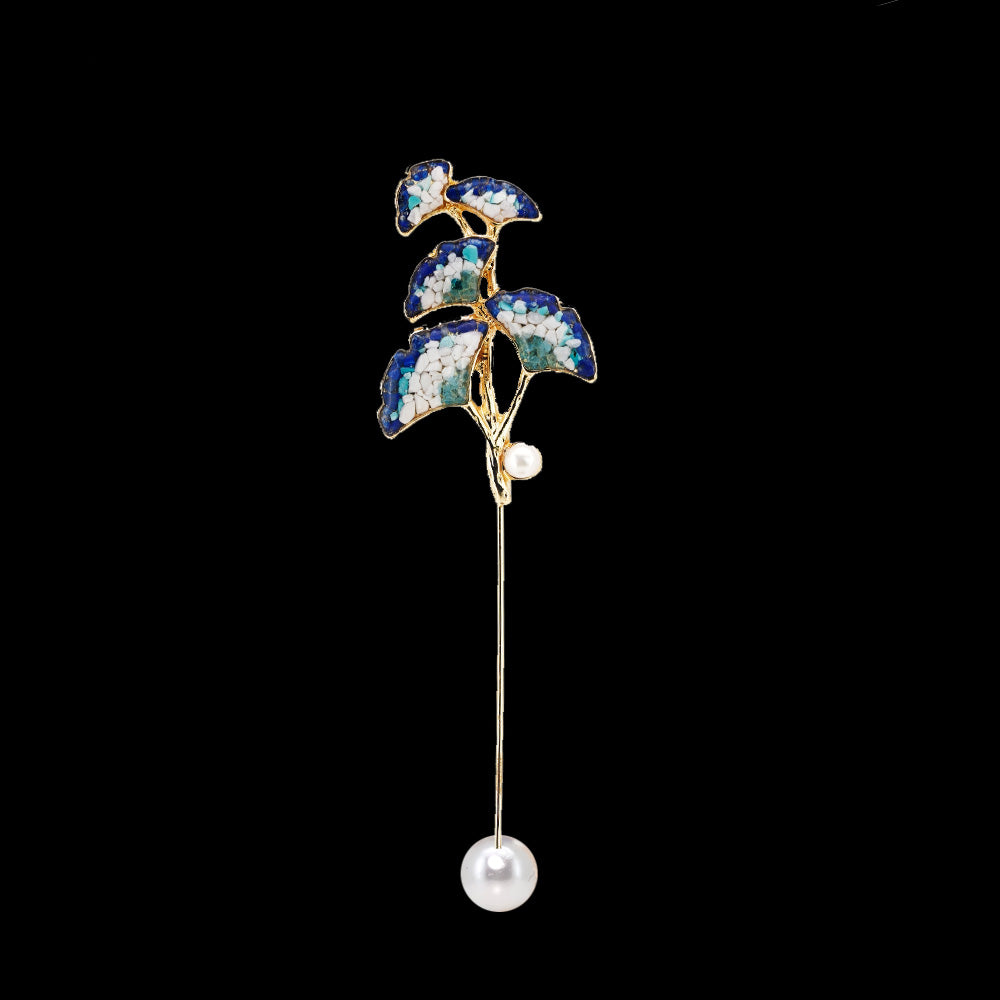 Blue-and-white Ginkgo Leaf Brooch