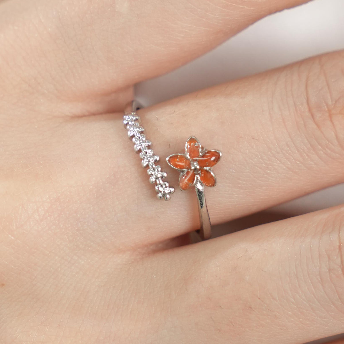 Silver Open Ring – Five-Petal Flower, Red Series