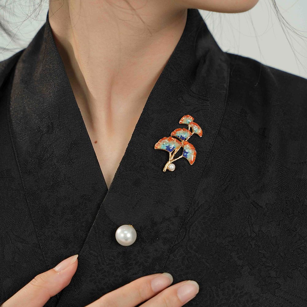 Dunhuang-Colored Pearl Ginkgo Leaf Brooch