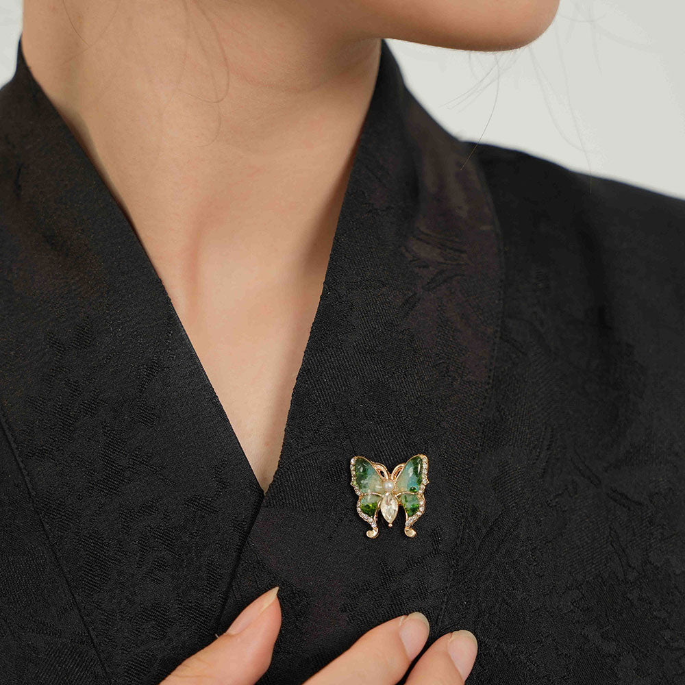 Jade Green Butterfly Brooch with Pearl