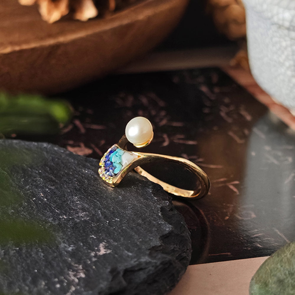 Ring – Ginkgo Leaf & Pearl, Blue-and-White