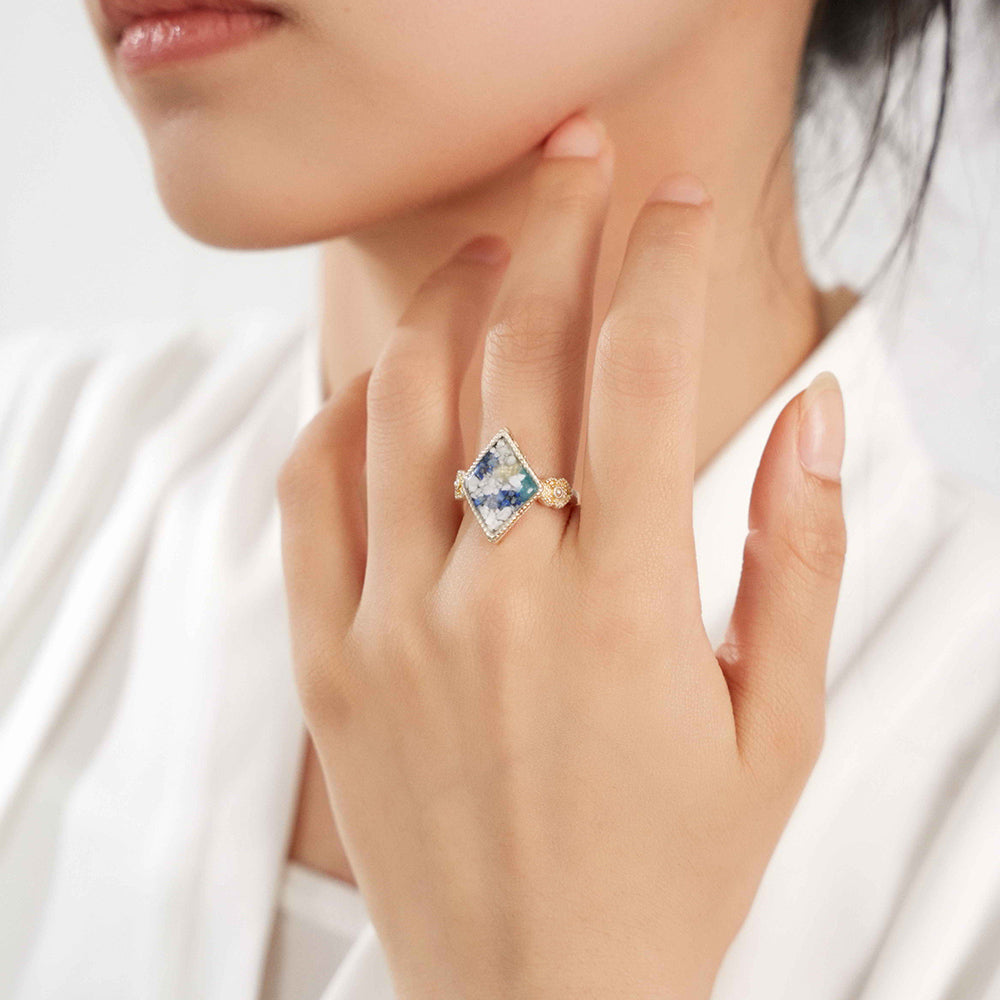 Blue & White Diamond-Shaped Adjustable Ring
