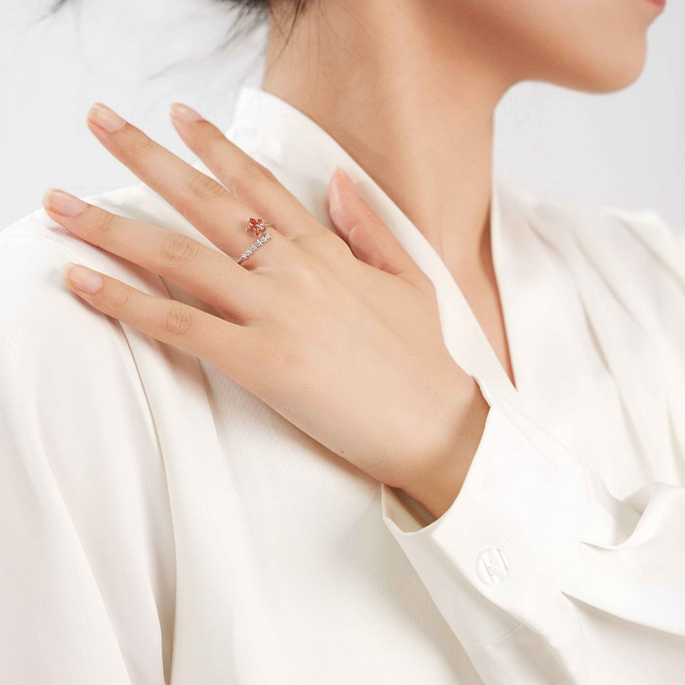 Silver Open Ring – Five-Petal Flower, Red Series