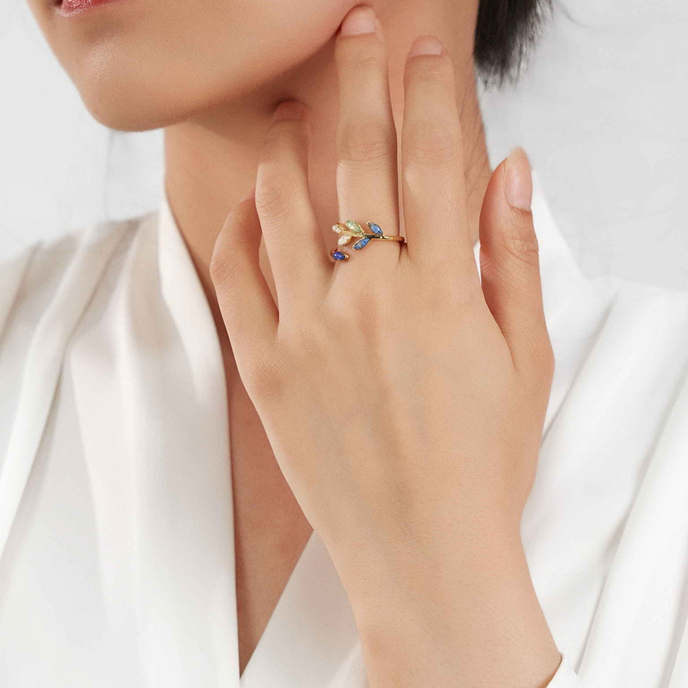 Adjustable Ring – Olive Branch, Blue-and-White
