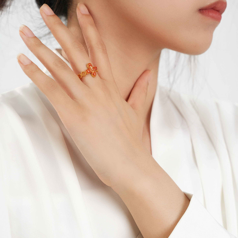 Prosperous Red Four-Leaf Clover Ring