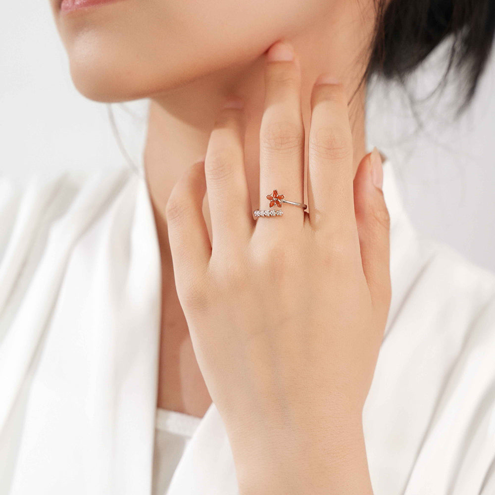 Silver Open Ring – Five-Petal Flower, Red Series